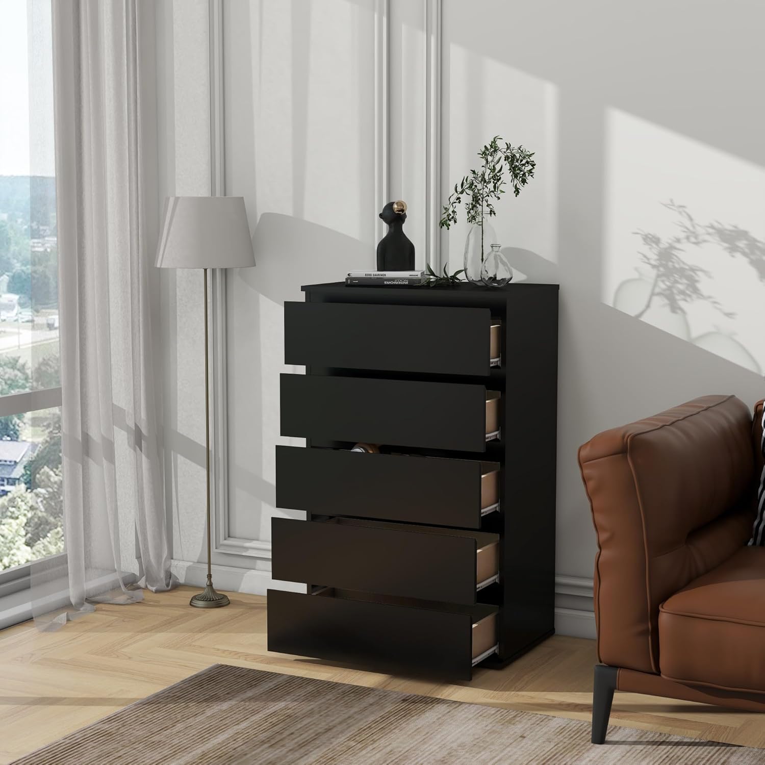 Modern Chest of Drawers, 4/5/6 Drawer Dresser Without Handles Floor Storage Drawer Cabinet Vertical Dresser Storage Organizer for Home Office (6 Drawers, Black)